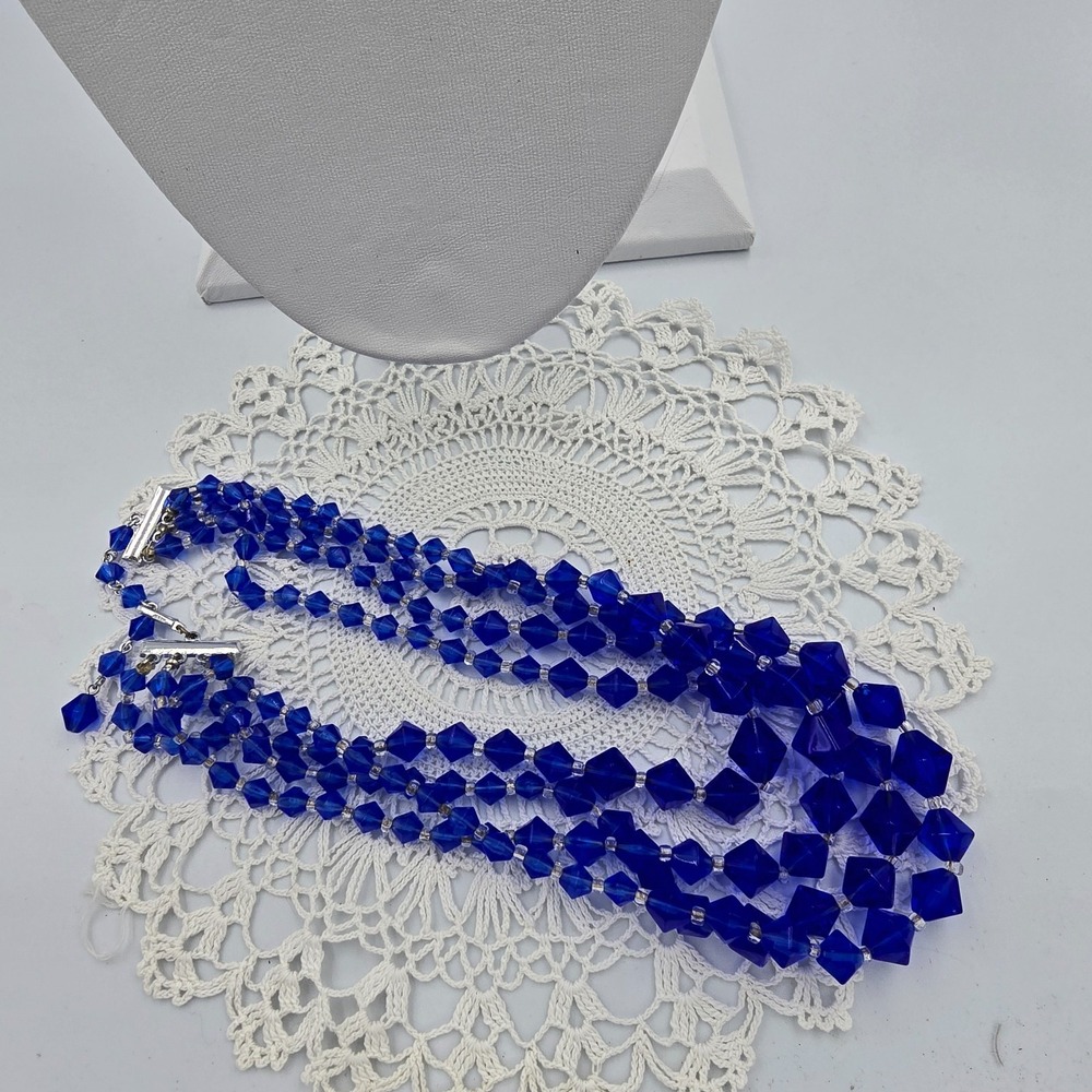 Vintage Japan Four Stand Glass Necklace Blue Statement Beaded - Picture 7 of 9